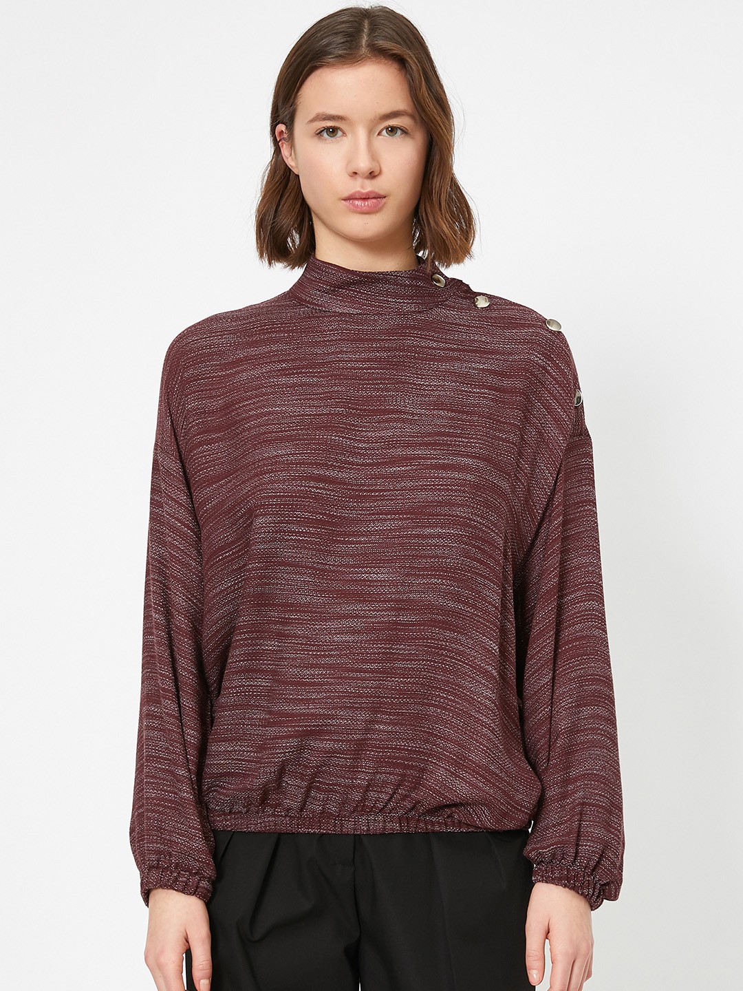 

Koton Burgundy Button Detailed Drop-Shoulder Sleeves Blouson Top