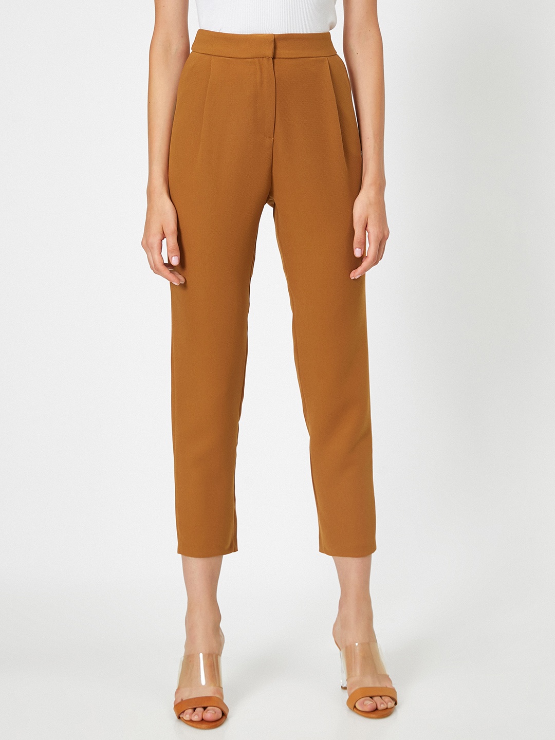 

Koton Women Mustard Brown Straight Fit High-Rise Cropped Trousers