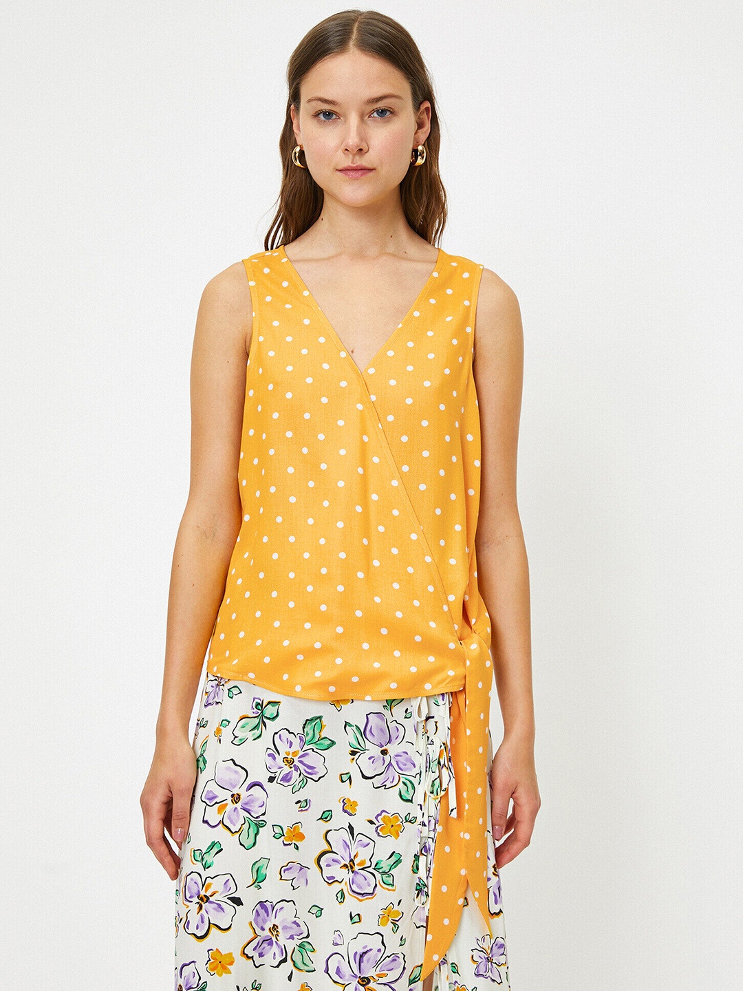 

Koton Yellow & White Polka Dot Print Wrap Top