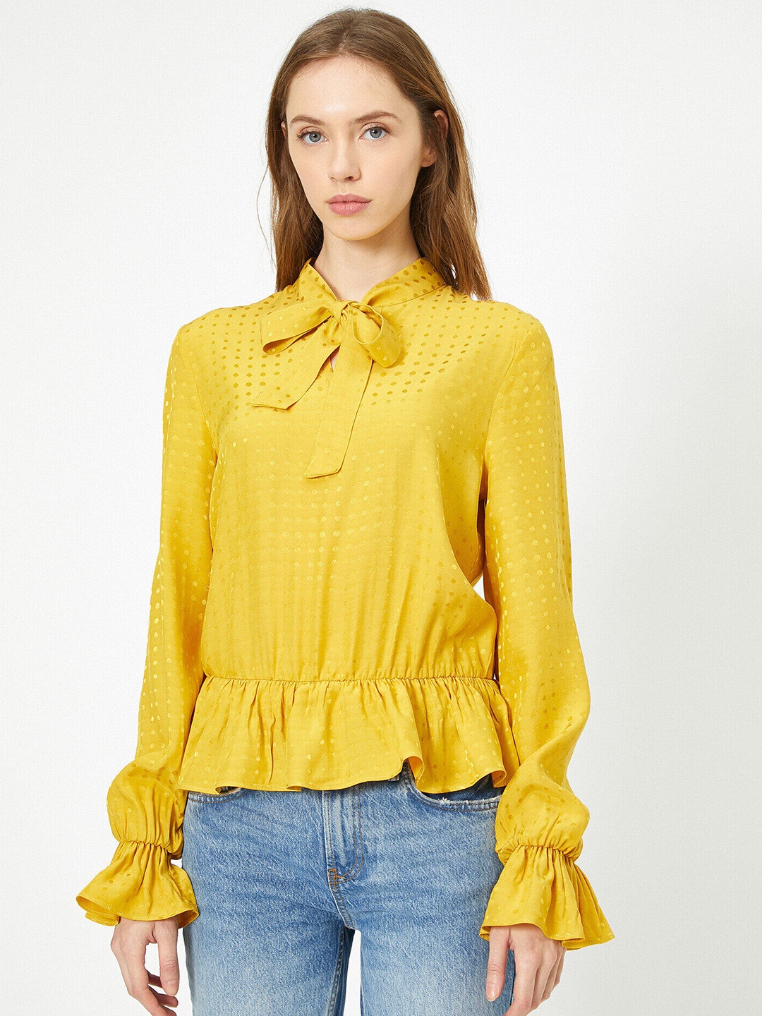 

Koton Yellow Geometric Print Tie-Up Neck Peplum Top