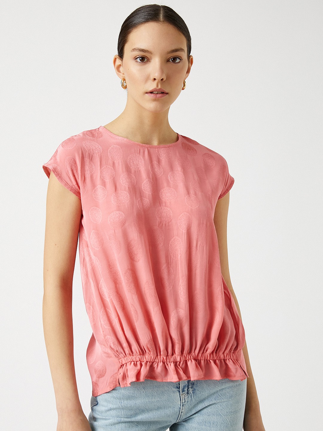 

Koton Pink Geometric Print Extended Sleeves Blouson Top