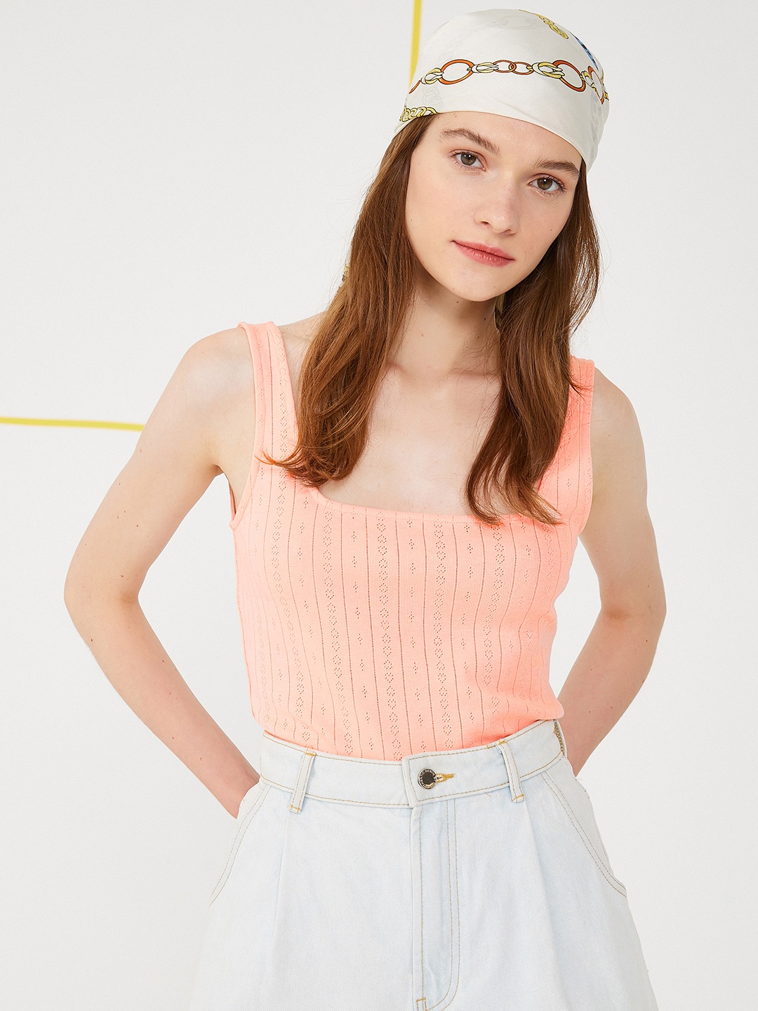

Koton Peach-Coloured Self Design Fitted Pure Cotton Top