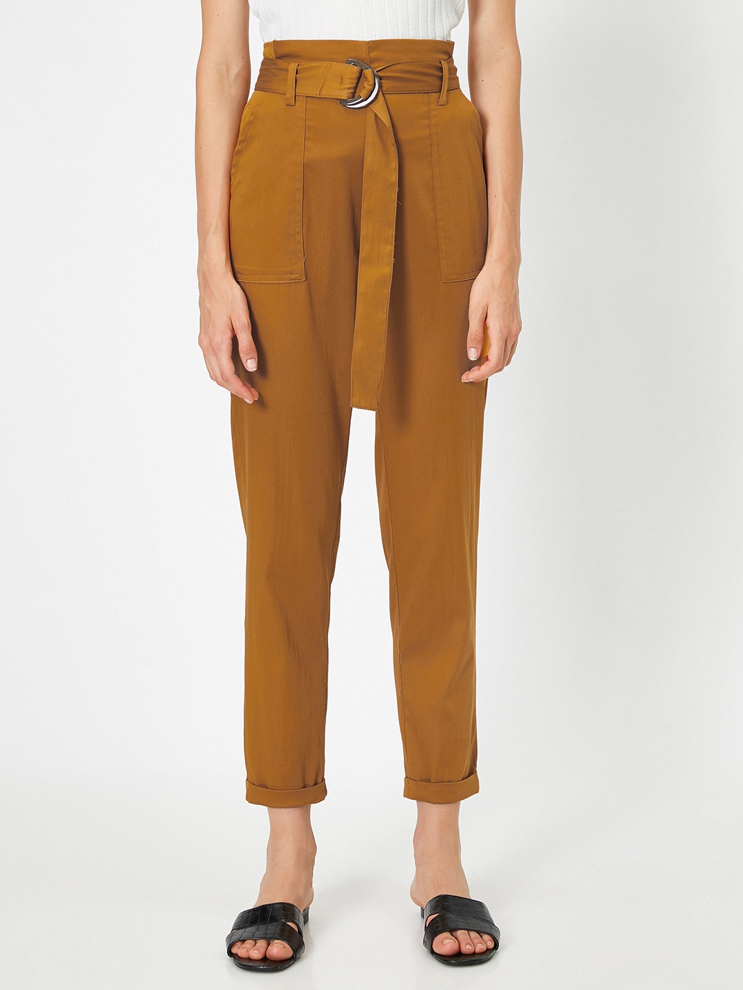 

Koton Women Mustard Brown High-Rise Pleated Cropped Peg Trousers with Belt