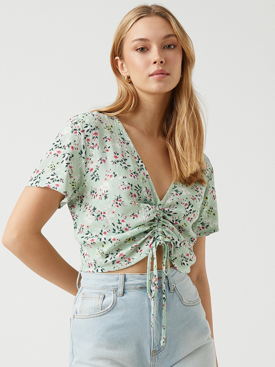 

Koton Sea Green & Pink Floral Print Ruched Crop Top