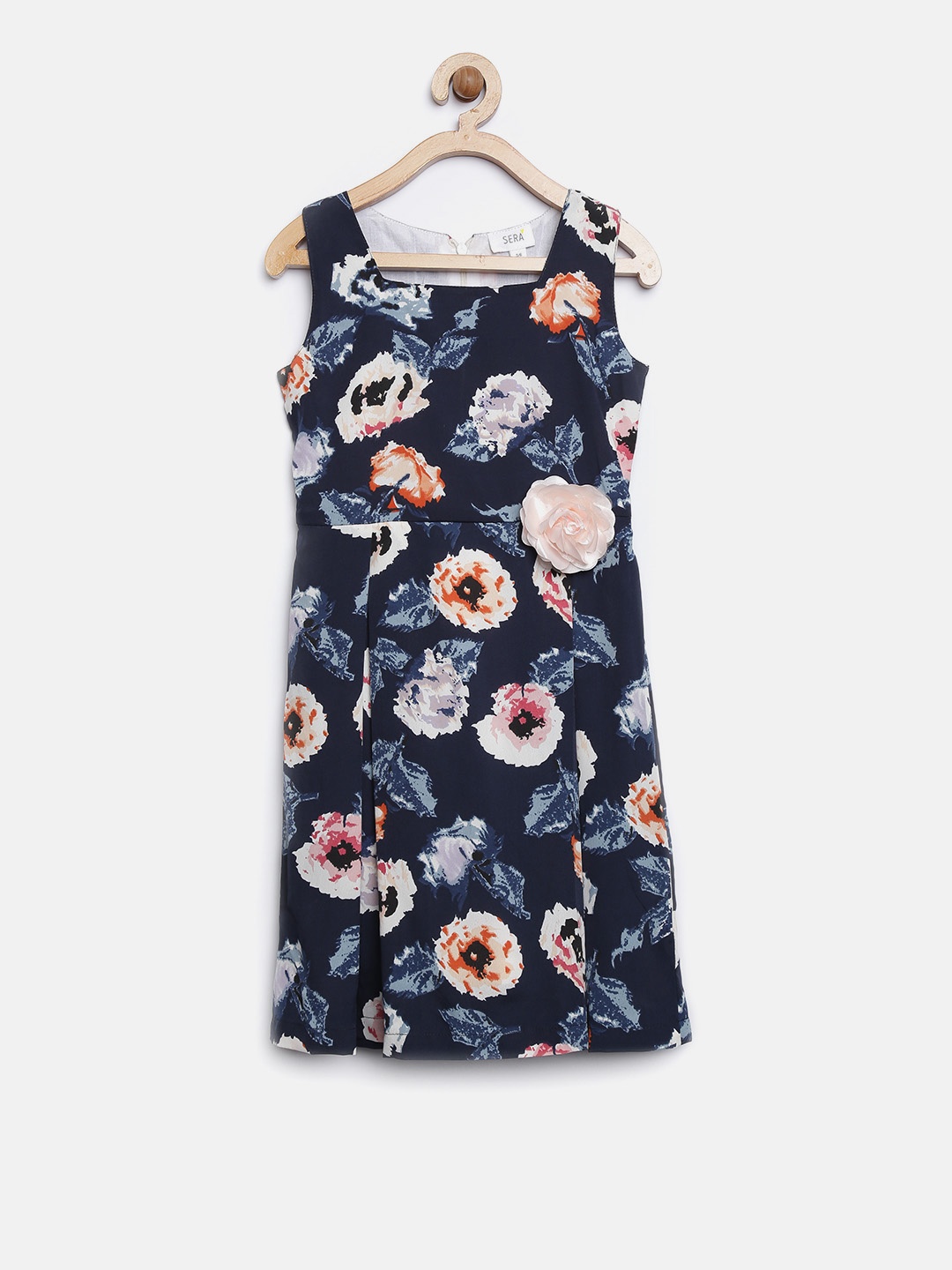 

Sera Girls Navy & Off-White Floral Print Fit & Flare Dress, Navy blue