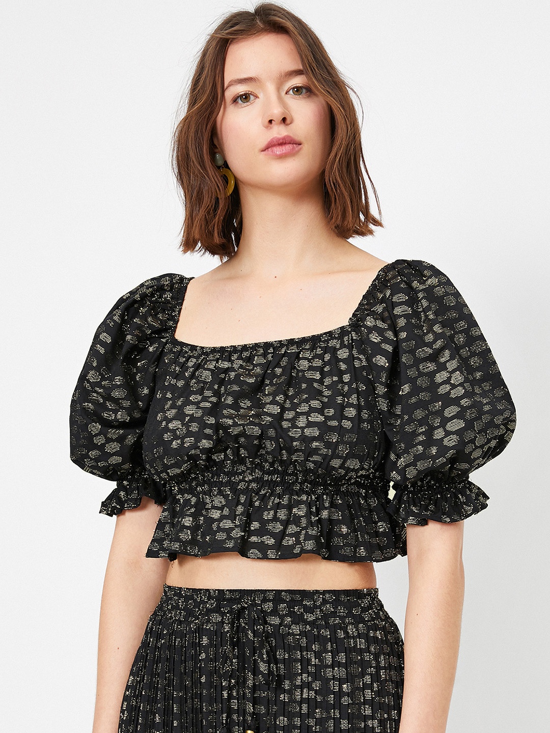 

Koton Black & Golden Geometric Print Crop Top