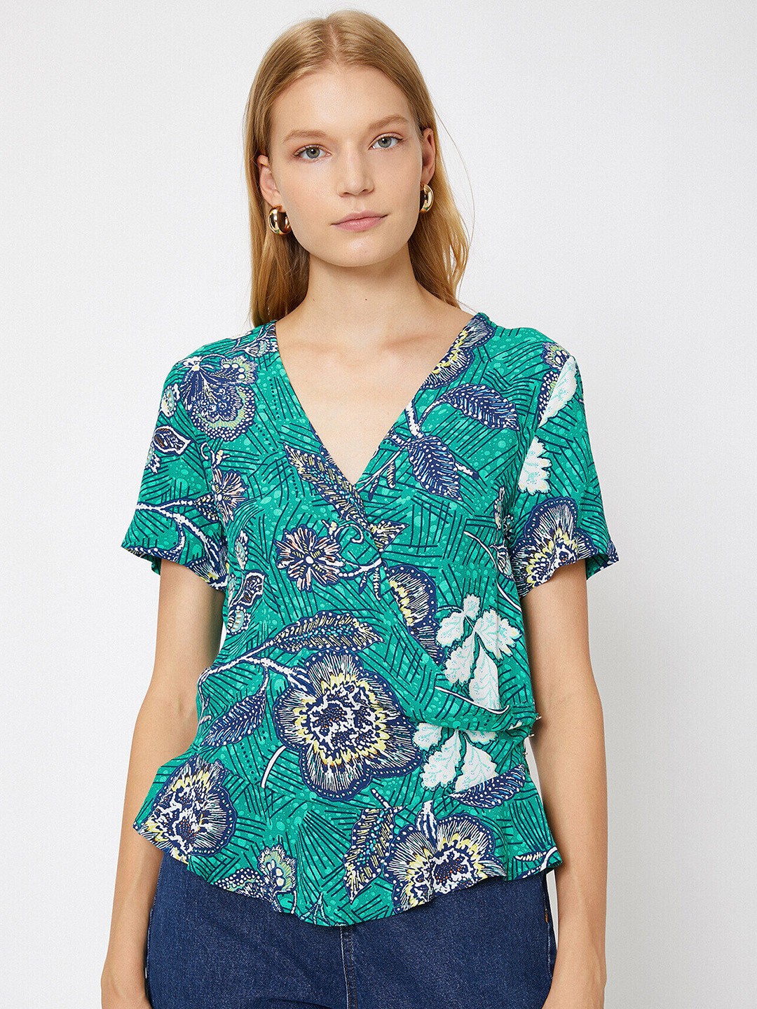 

Koton Green & Blue Floral Print Wrap Top