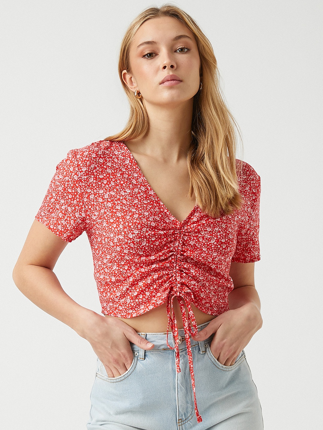 

Koton Red & White Floral Print Crop Top
