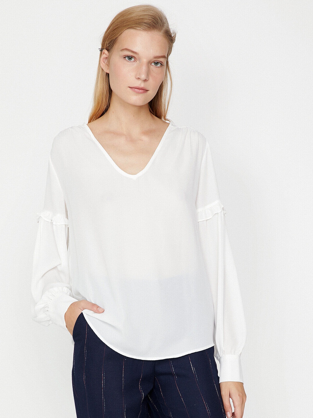 

Koton White Semi-Sheer V-Neck Top