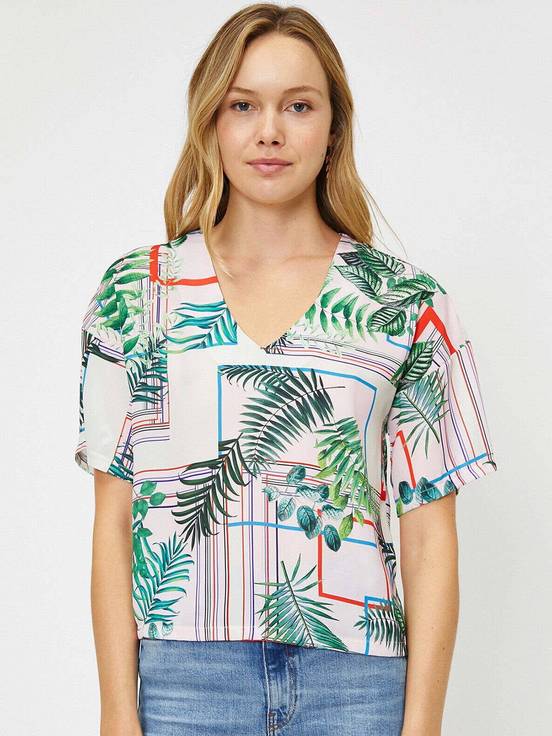 

Koton White & Green Tropical Print Top