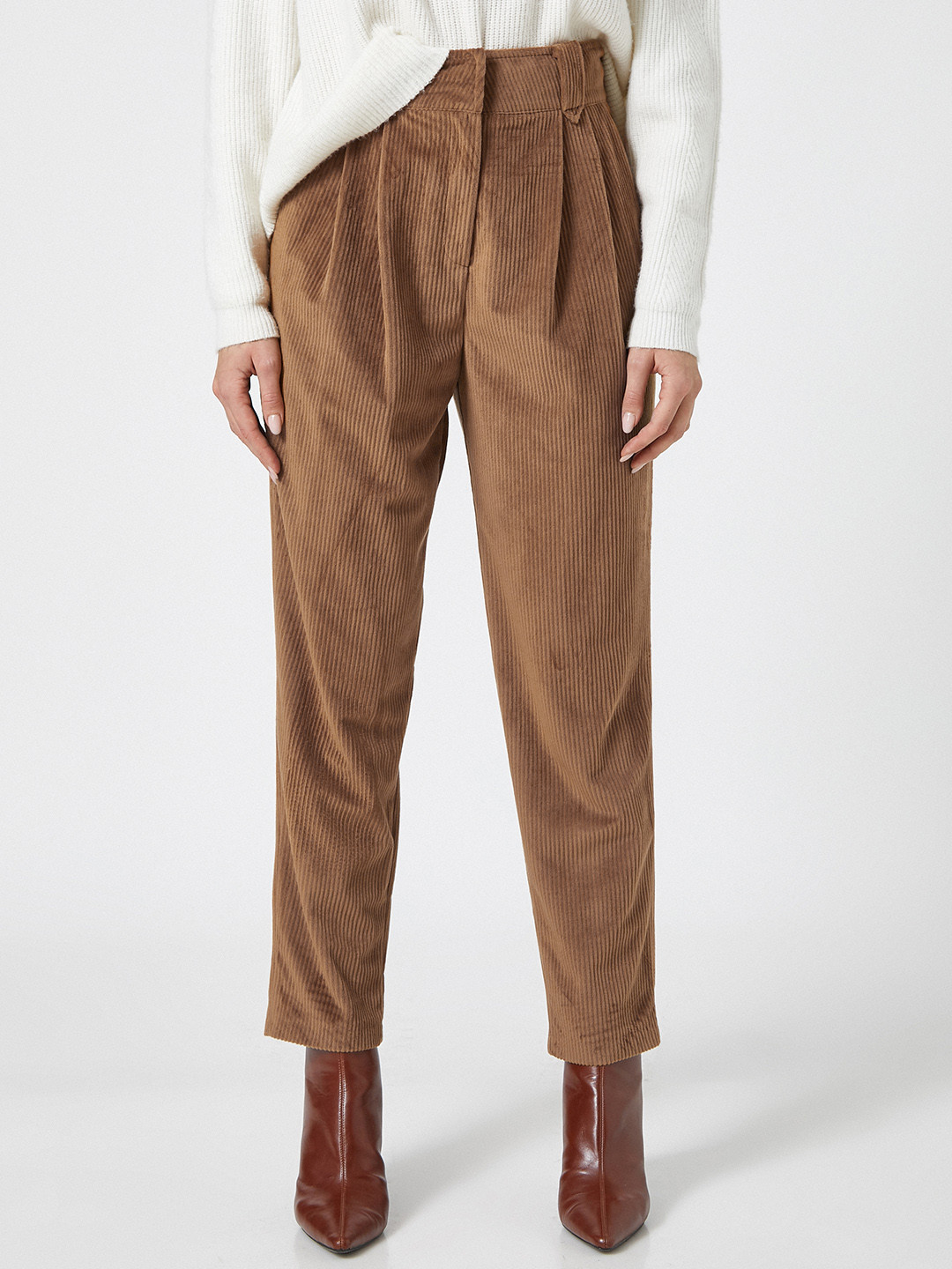 

Koton Women Brown High-Rise Corduroy Pleated Peg Trousers