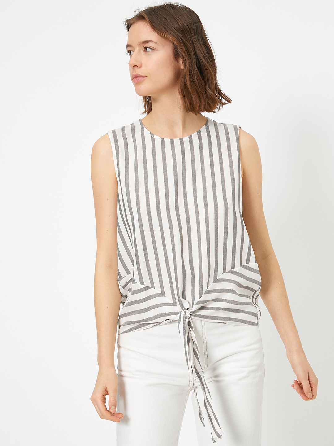 

Koton White & Grey Striped Tie-Up Detail Top