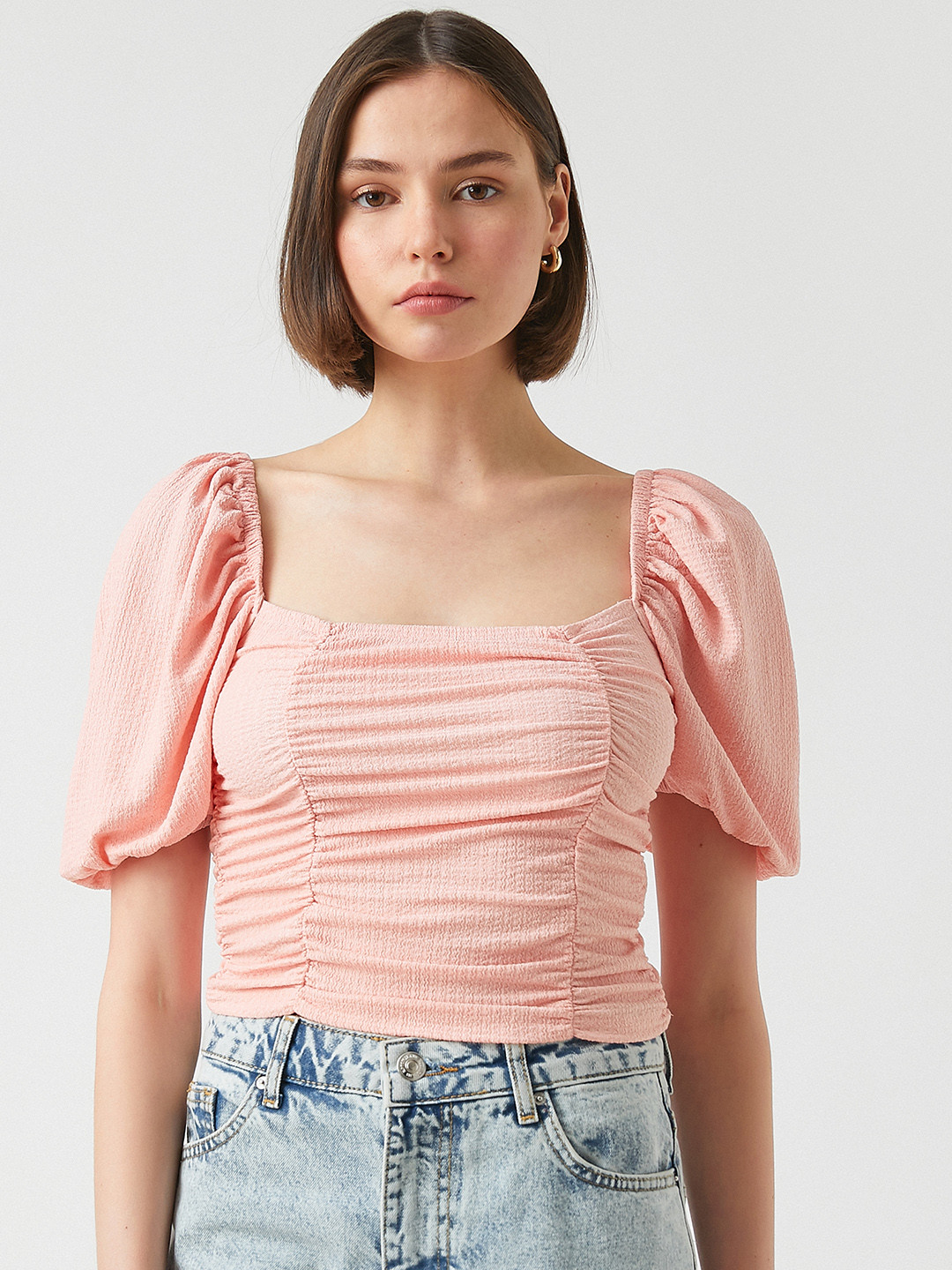 

Koton Pink Textured Puff Sleeve Fitted Top, Peach