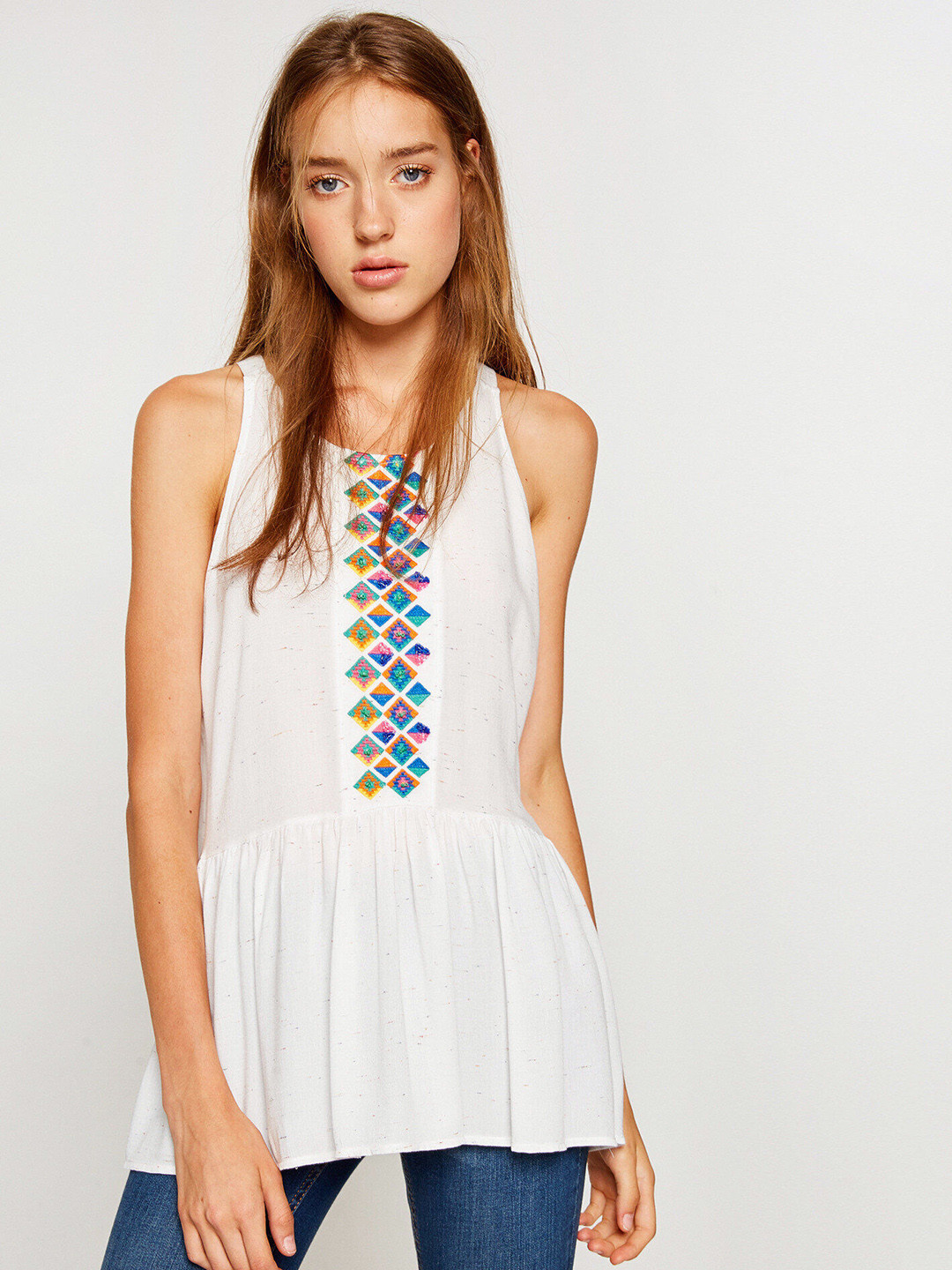 

Koton White & Blue Ethnic Embroidered Embellished Peplum Top