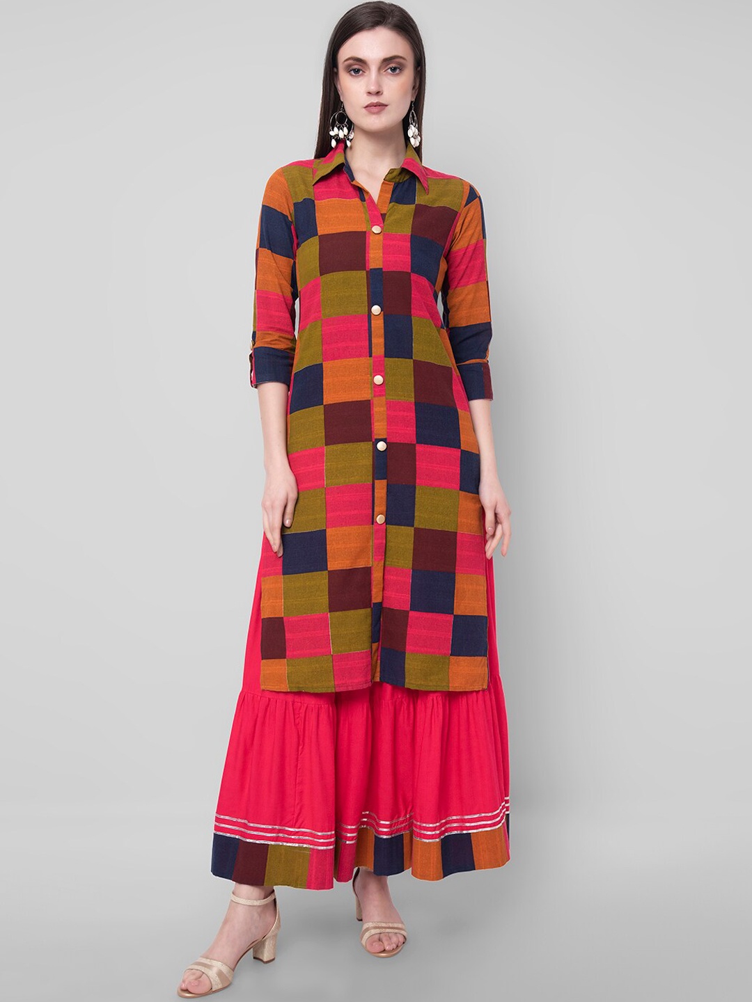 

Sanganeri Kurti Women Multicoloured Printed Pure Cotton Kurta with Skirt, Multi