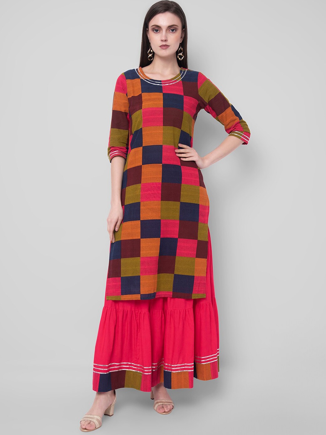 

Sanganeri Kurti Women Multicoloured Printed Pure Cotton Kurta with Skirt, Multi