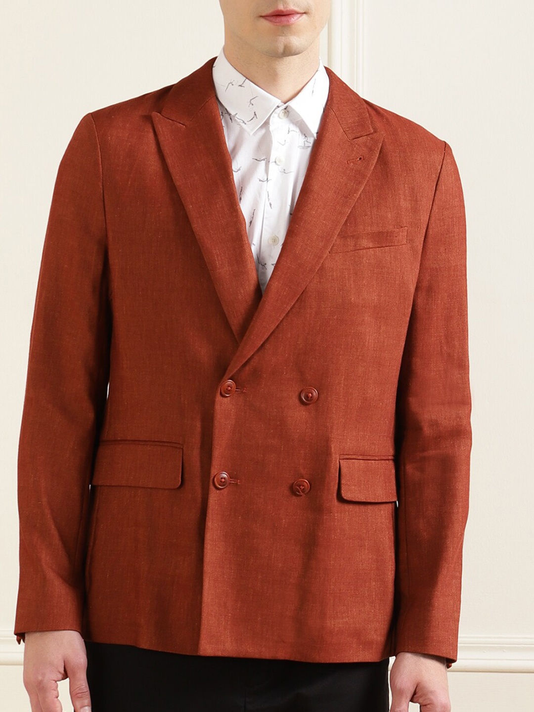 

Ted Baker Men Rust Textured Double-Breasted Casual Blazer