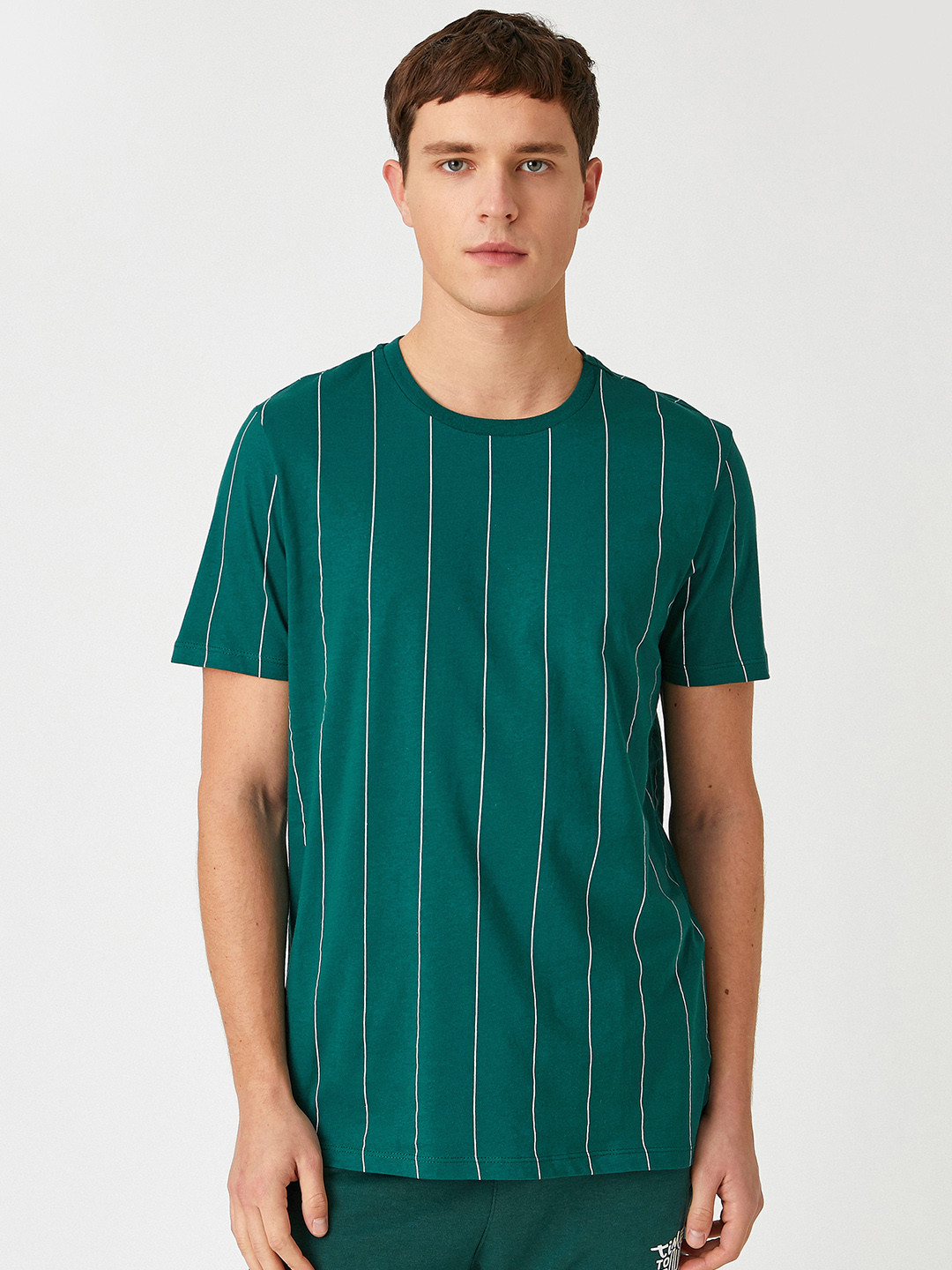 

Koton Men Green & White Striped Pure Cotton Slim Fit T-shirt