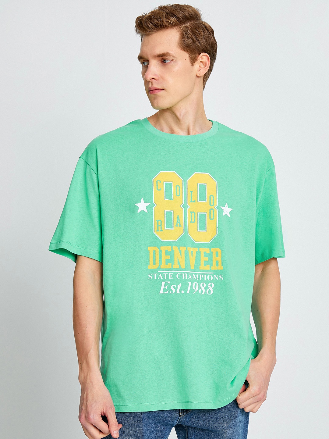 

Koton Men Green Typography Printed Pure Cotton Relaxed Fit T-shirt
