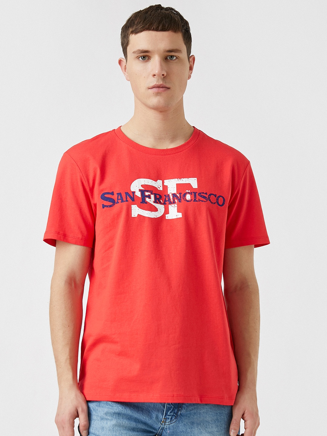 

Koton Men Red Typography Printed Standard Fit Pure Cotton T-shirt