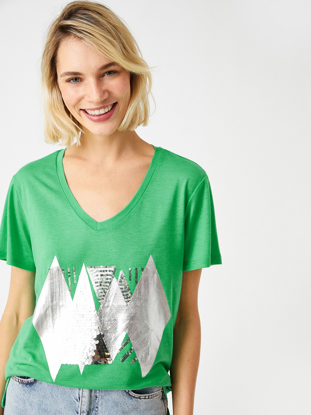 

Koton Green & Silver-Toned Printed Sequinned V-Neck T-shirt