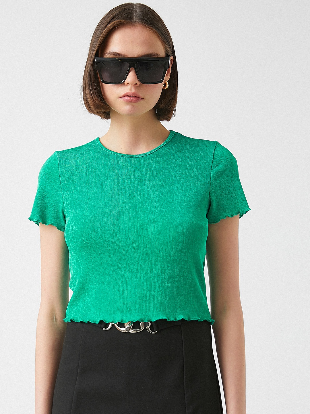 

Koton Women Green Solid Crop T-shirt