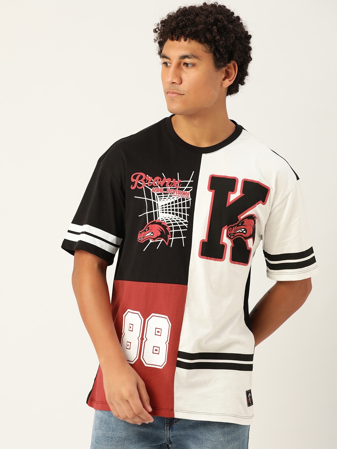

Koton Men White & Black Pure Cotton Varsity Printed T-shirt