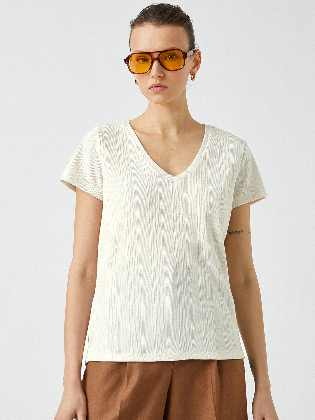 

Koton Women Off-White Self Striped V-Neck T-shirt