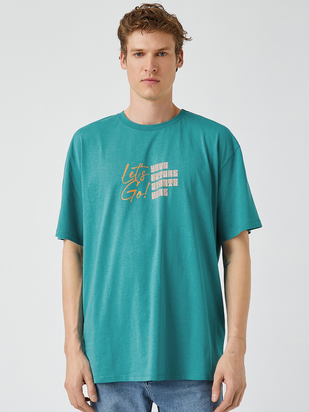 

Koton Men Teal Green Typography Printed Pure Cotton Relaxed Fit T-shirt