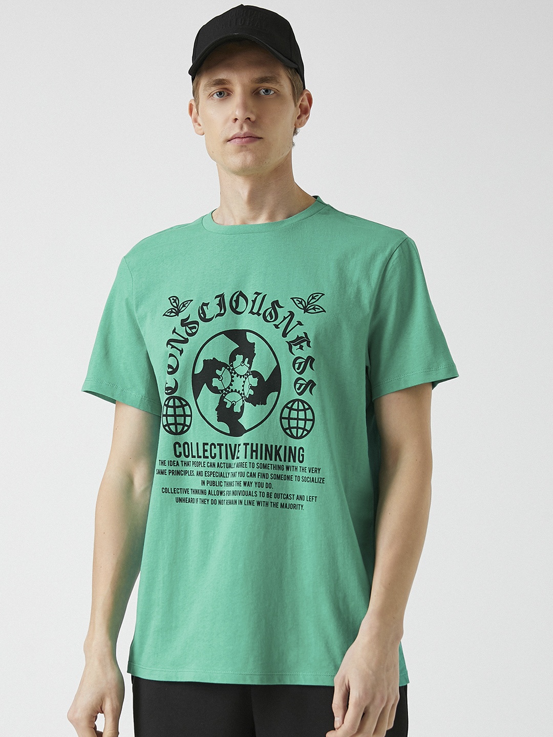 

Koton Men Green & Black Typography Printed Pure Cotton T-shirt