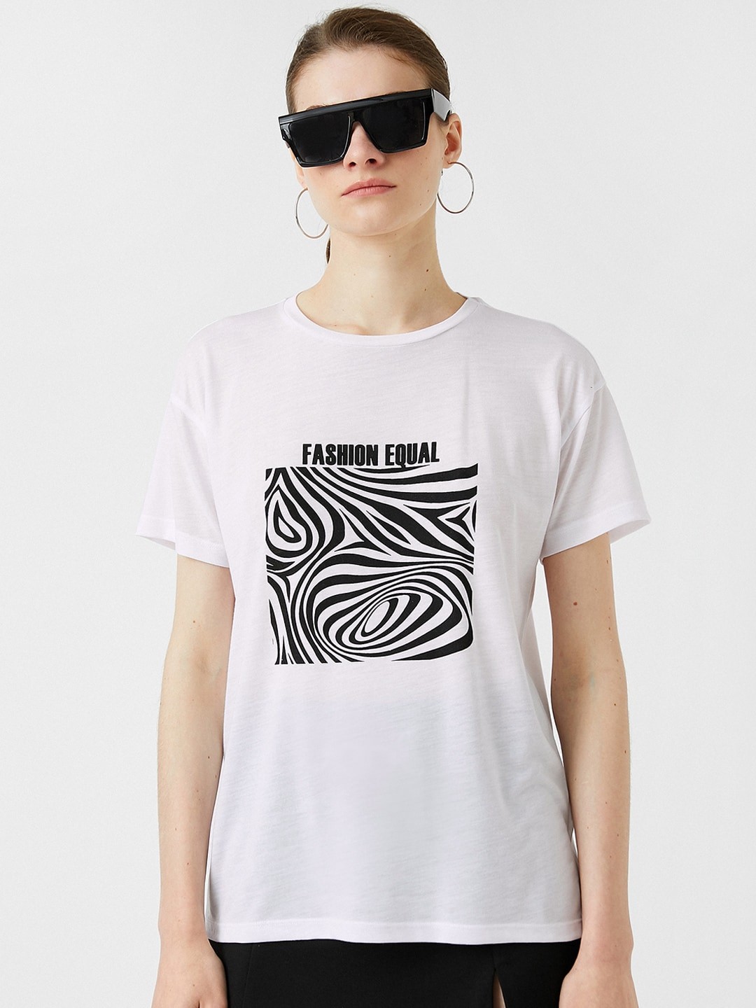 

Koton Women White & Black Graphic Printed Extended Sleeves T-shirt