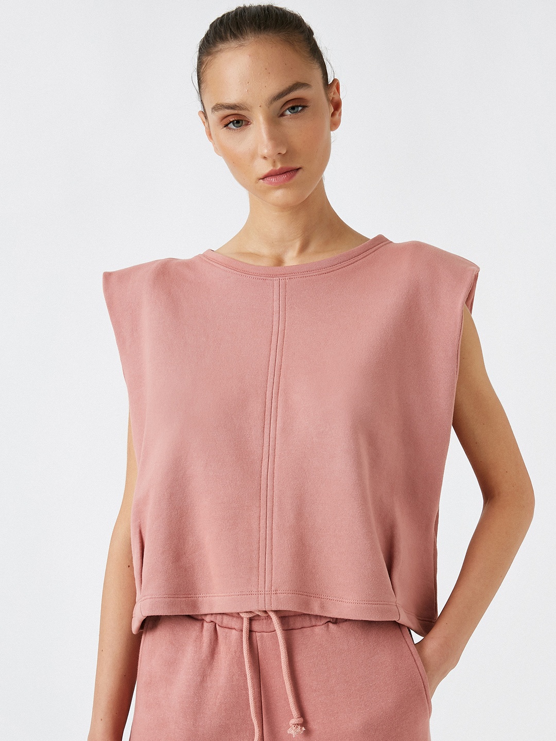 

Koton Women Dusty Pink Solid Organic Cotton Padded Shoulder Sweatshirt, Rose