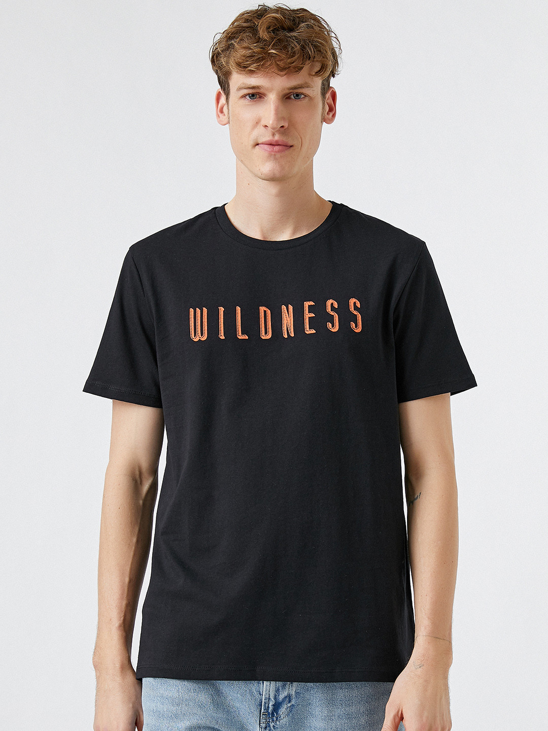 

Koton Men Black & Orange Pure Cotton T-shirt with Printed Back