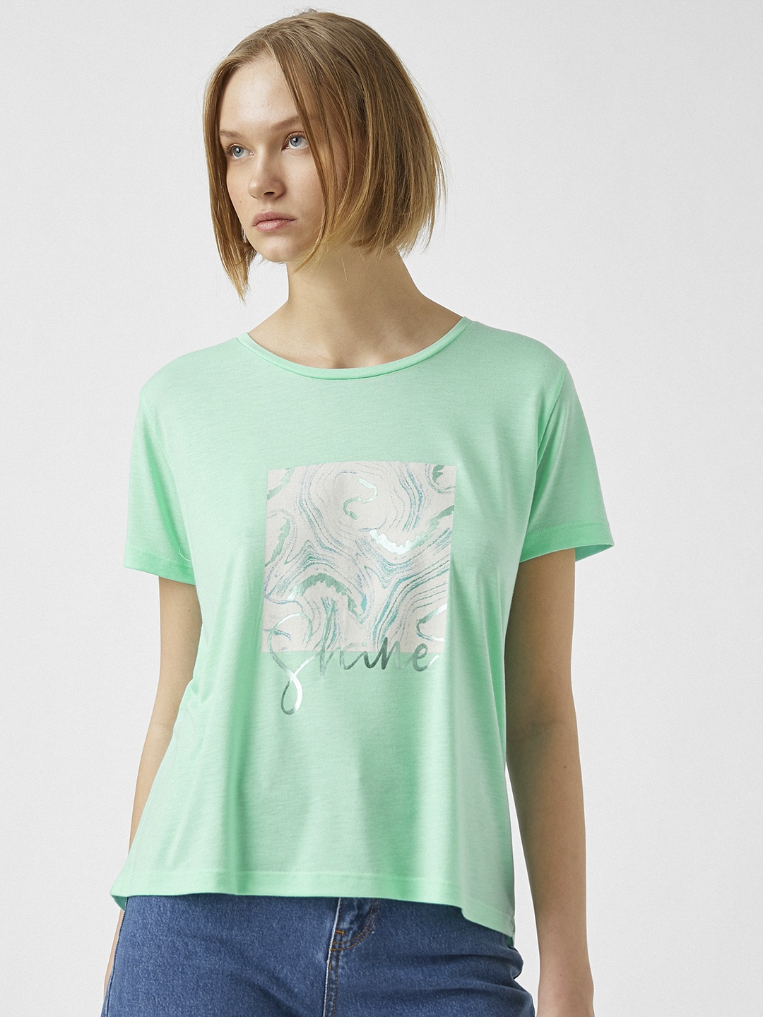 

Koton Women Green & White Printed Drop-Shoulder Sleeves T-shirt