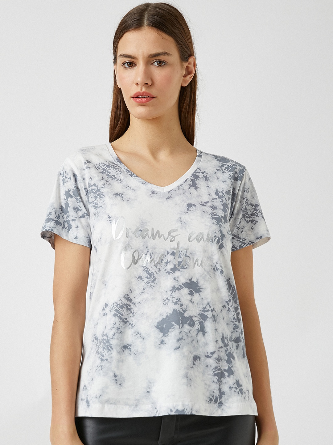 

Koton Women White & Grey Tie and Dye Pure Cotton T-shirt