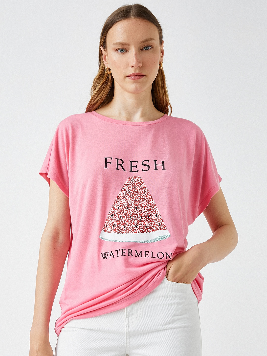

Koton Women Pink & Black Printed Extended Sleeves T-shirt