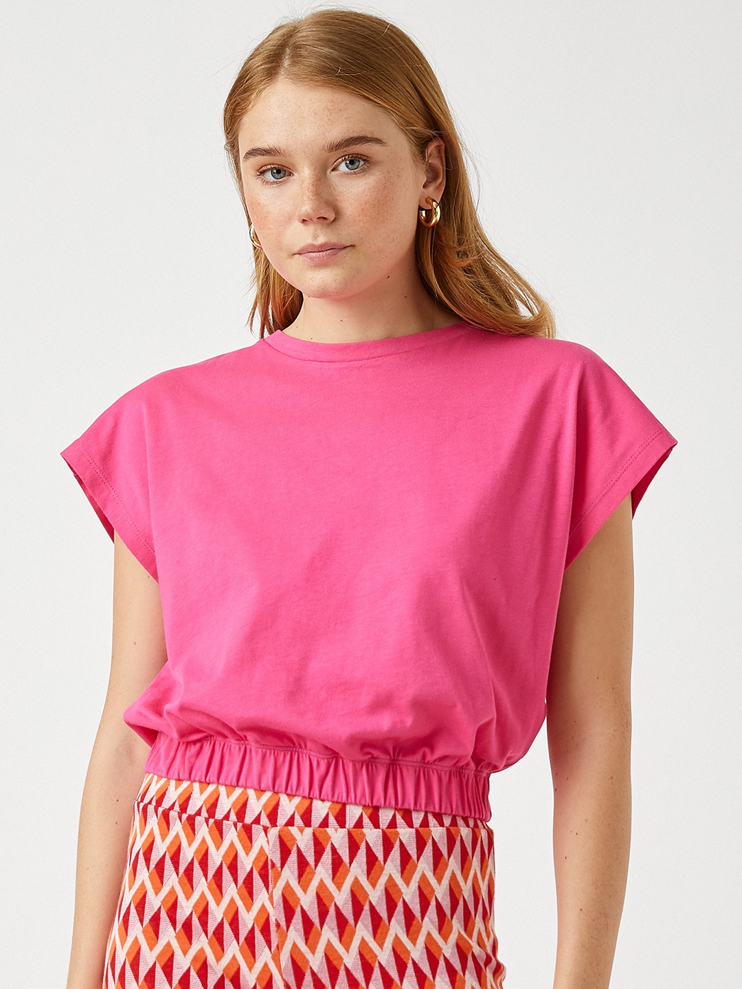 

Koton Pink Solid Pure Cotton Blouson Crop Top