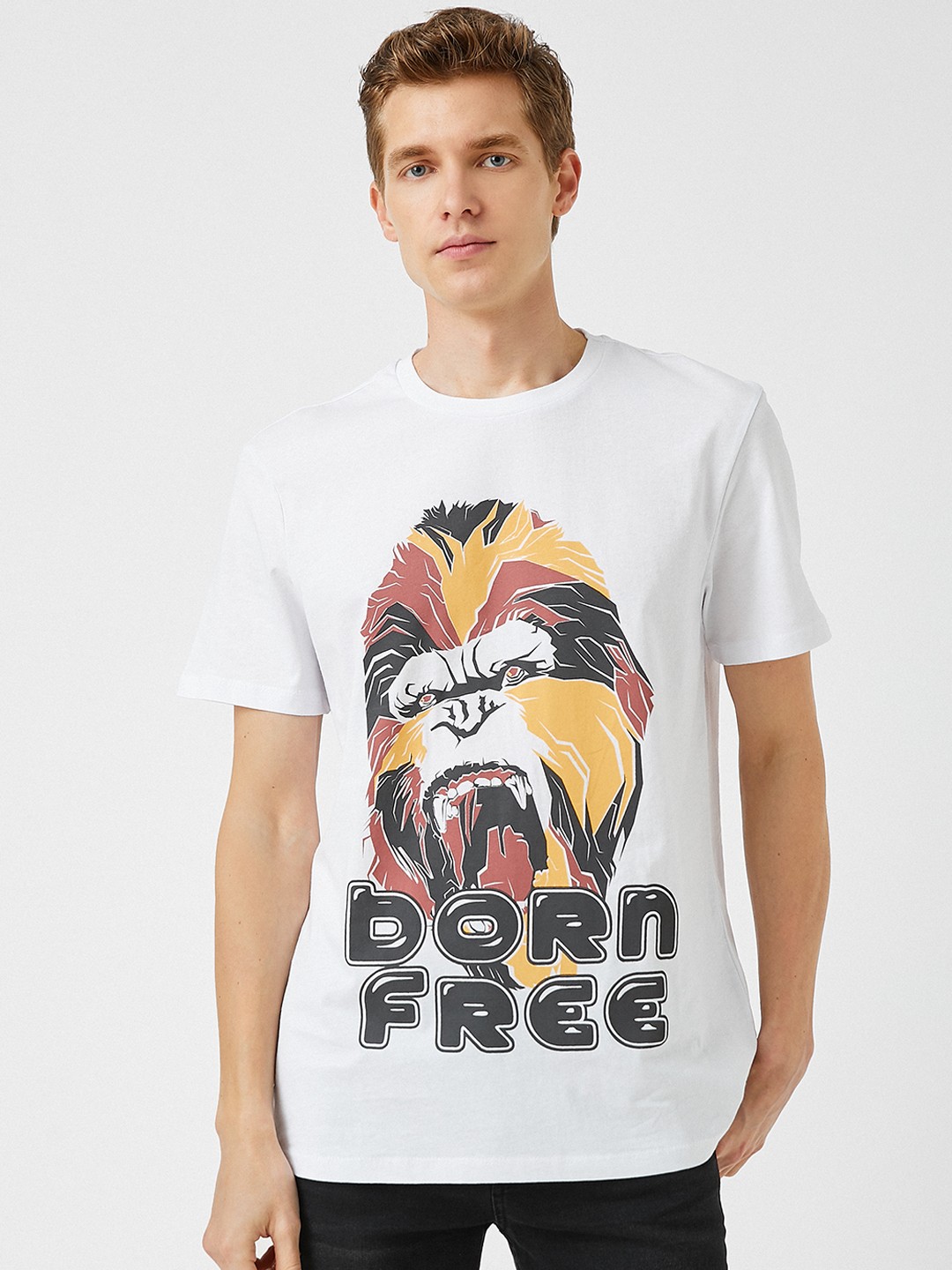 

Koton Men White & Black Gorilla Printed Pure Cotton T-shirt