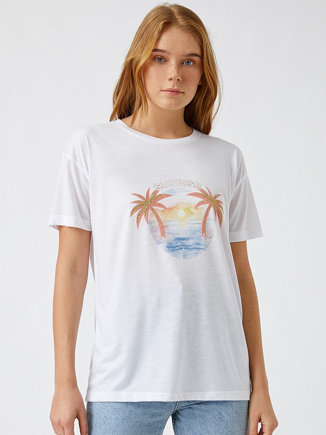 

Koton Women White & Brown Printed T-shirt