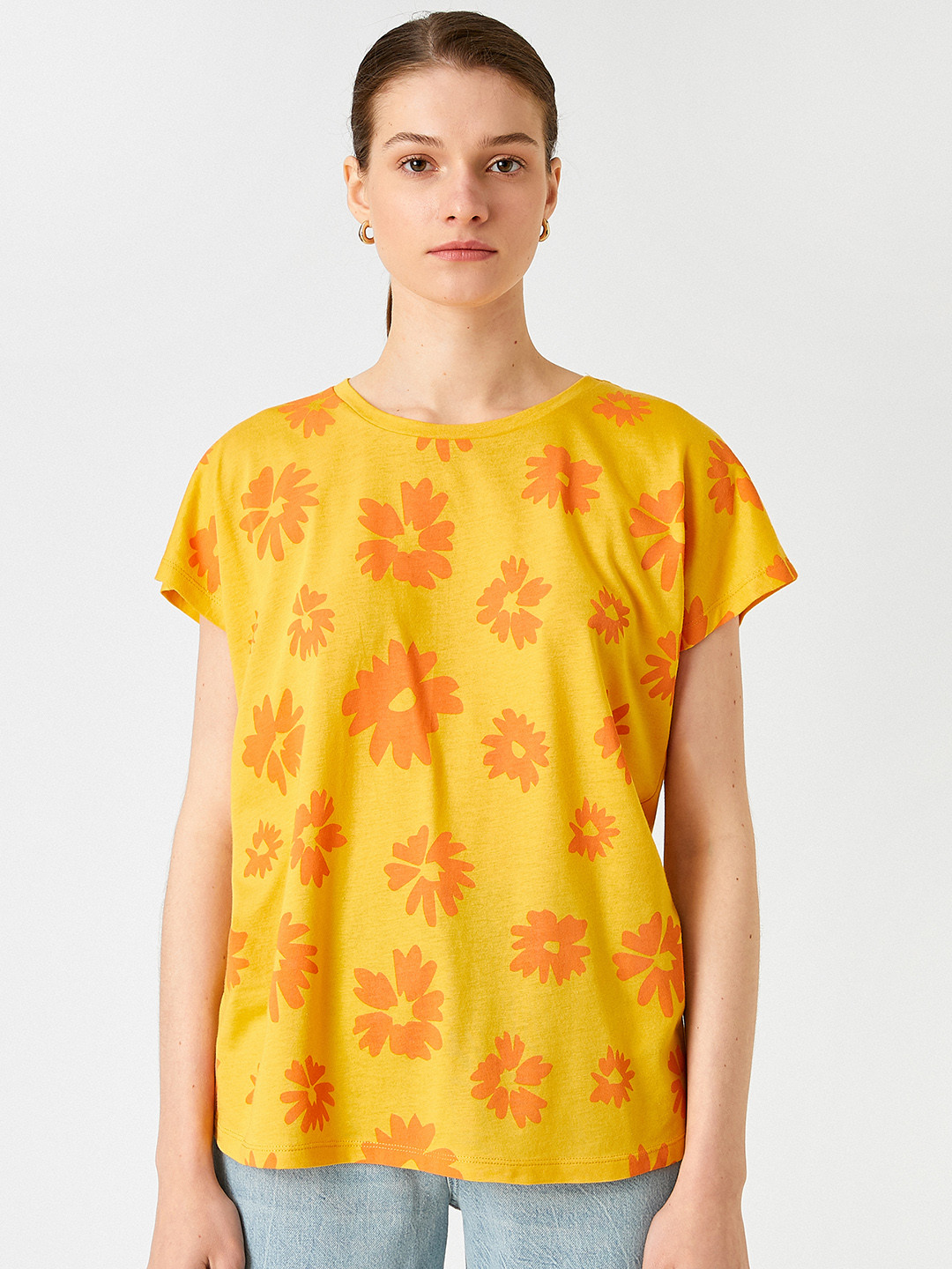 

Koton Women Yellow & Orange Floral Printed Extended Sleeves T-shirt