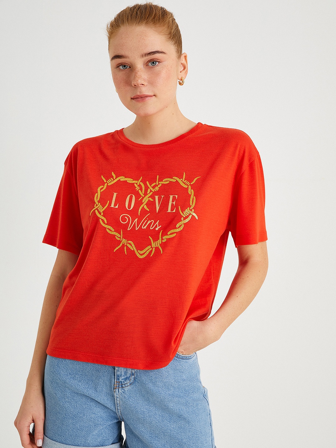 

Koton Women Orange & Golden Typography Print Round Neck T-shirt
