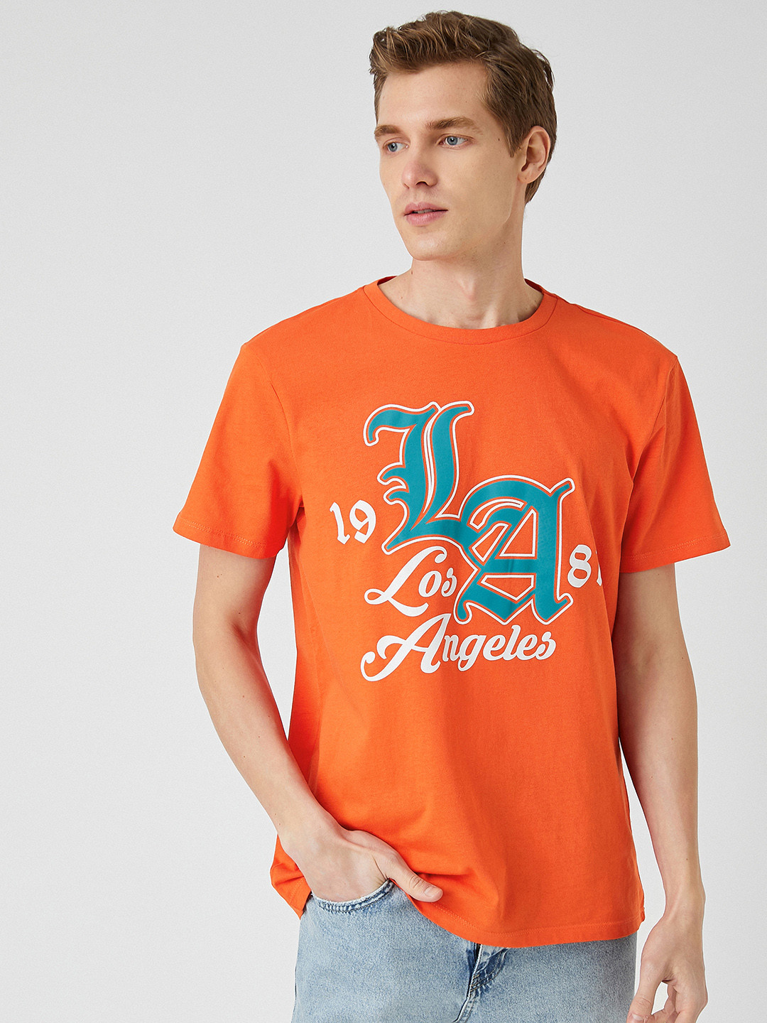 

Koton Men Orange & Blue Printed Pure Cotton T-shirt