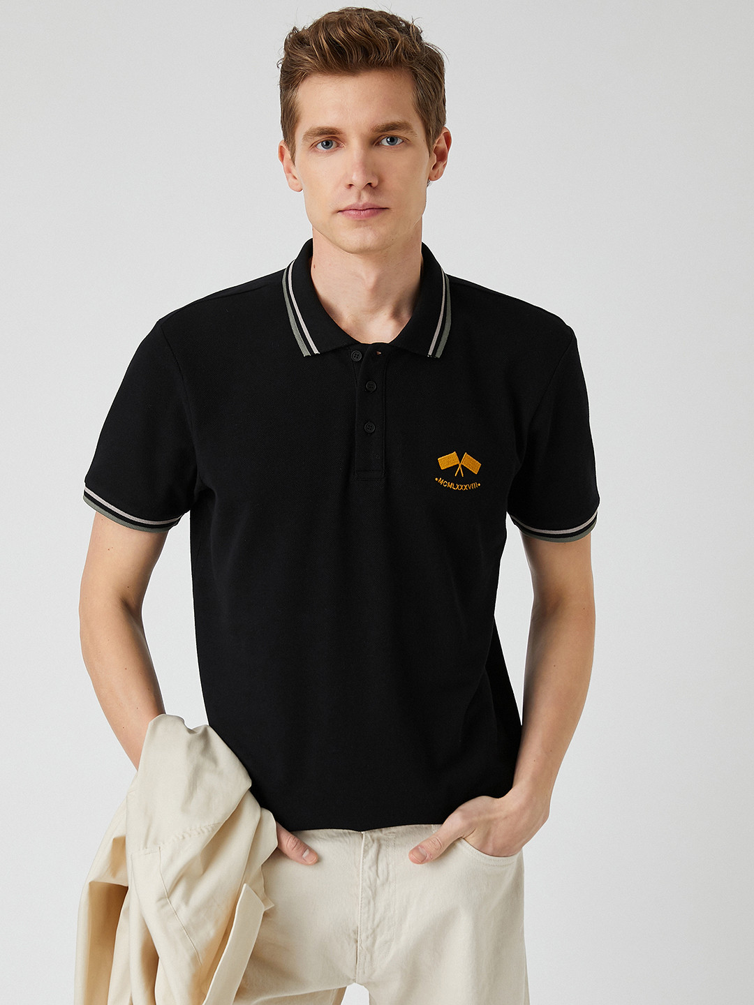 

Koton Men Black Embroidered Detail Polo Collar Pure Cotton T-shirt
