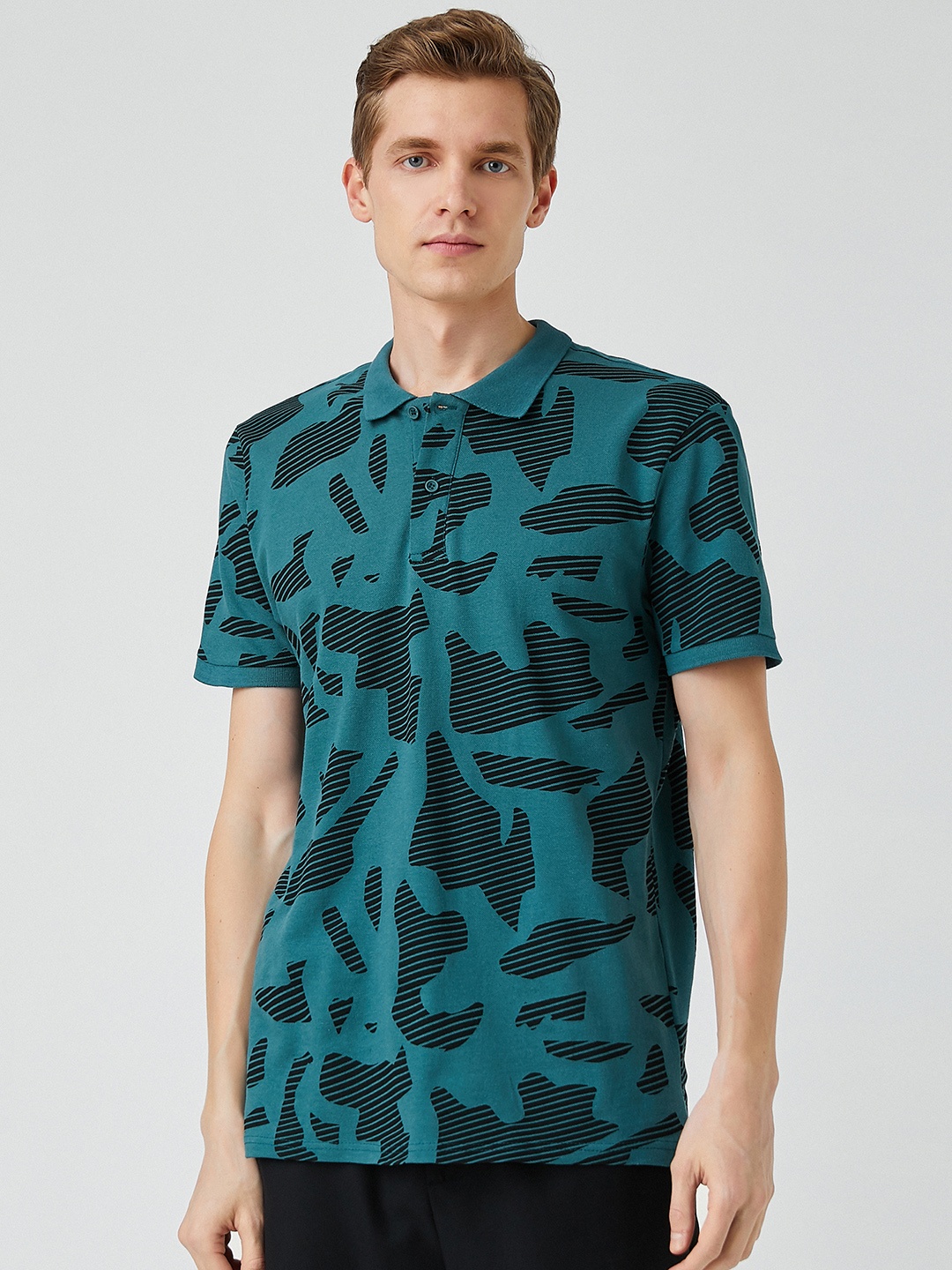 

Koton Men Teal Green & Black Camouflage Printed Polo Collar Pure Cotton T-shirt
