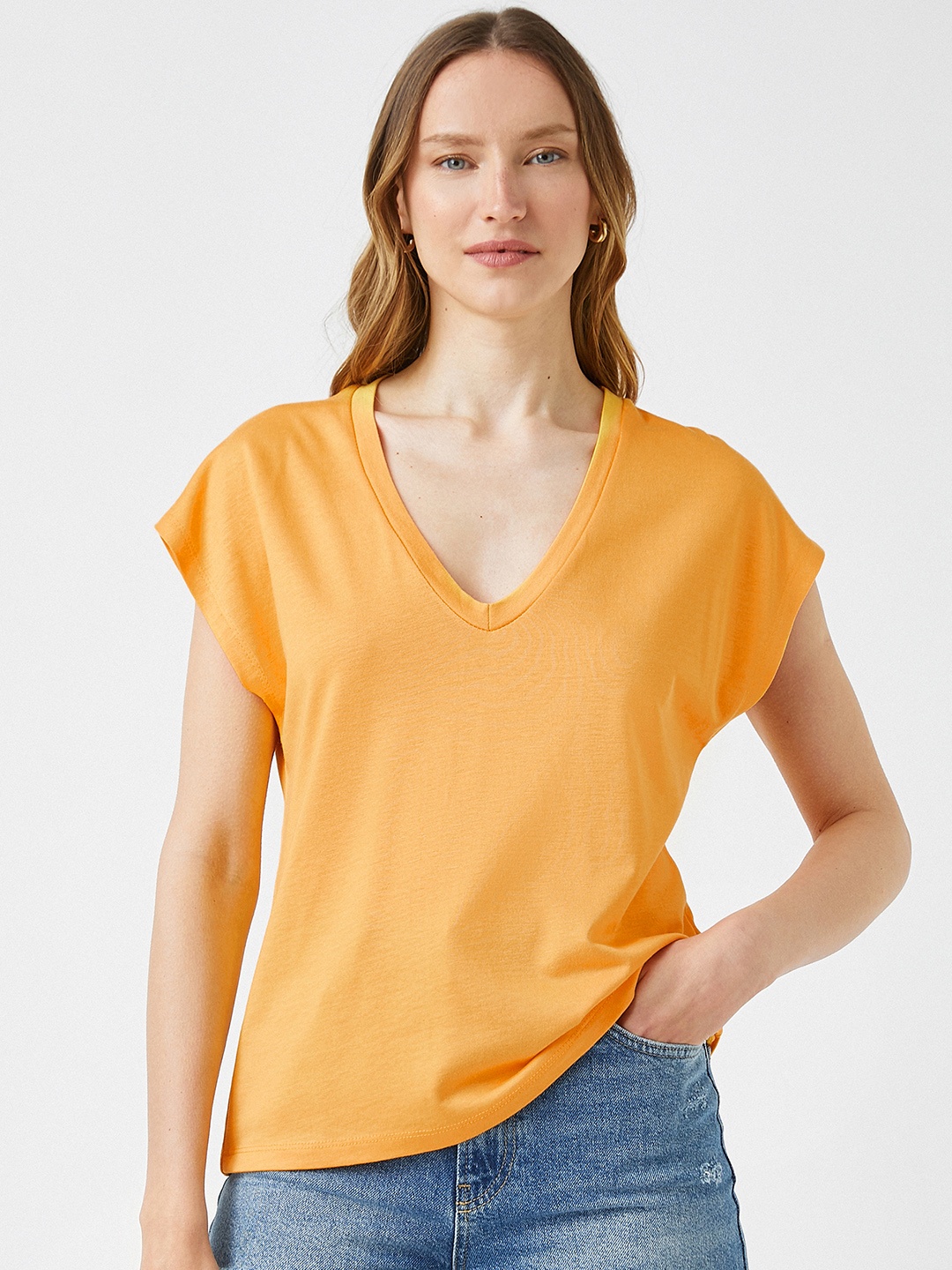 

Koton Women Yellow V-Neck Extended Sleeves T-shirt