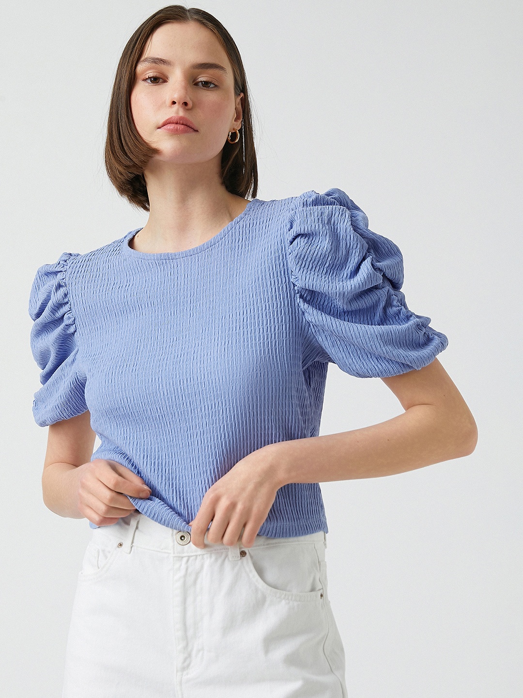 

Koton Blue Crinkled Puff Sleeves Top