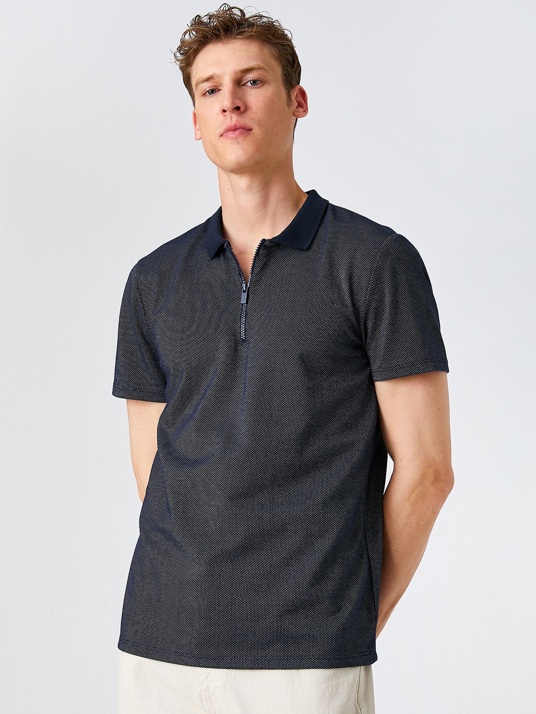 

Koton Men Navy Blue & White Self Design Polo Collar T-shirt