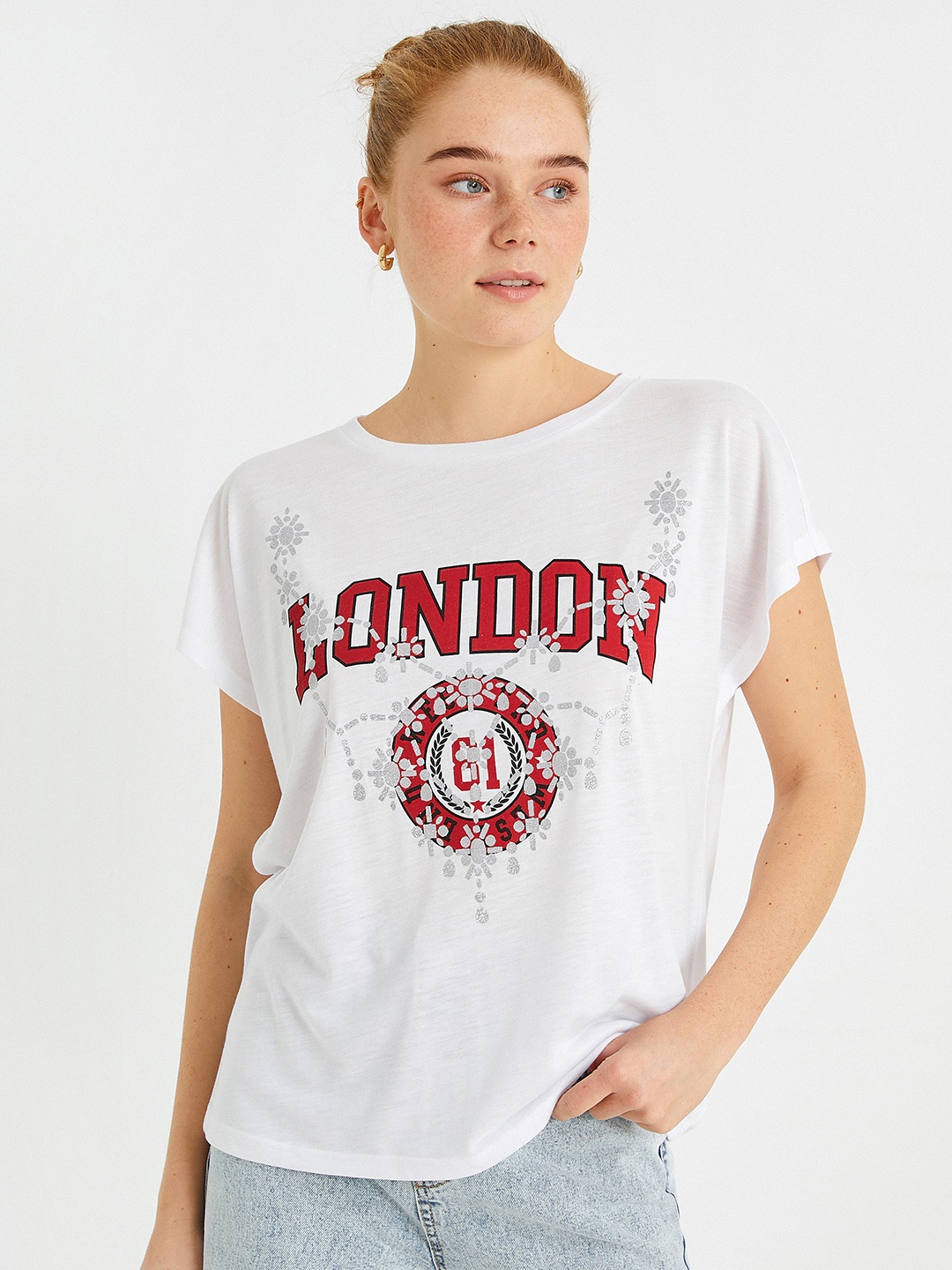 

Koton Women White & Red Printed Extended Sleeves T-shirt