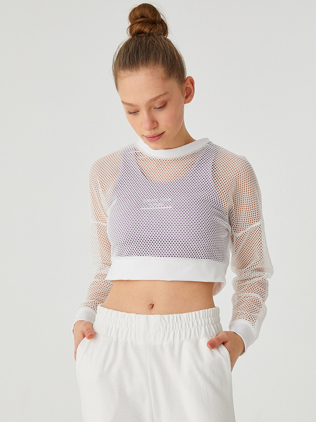 

Koton Women White Drop-Shoulder Sleeves Sheer Crop T-shirt