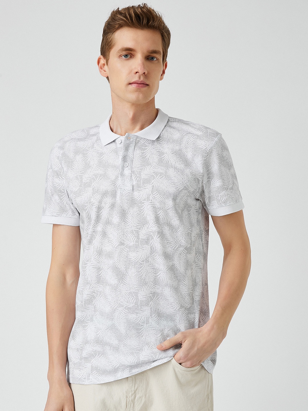 

Koton Men White & Black Printed Polo Collar Tropical Pure Cotton Slim Fit T-shirt